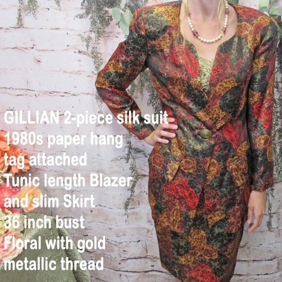 36 bust 2-piece silk suit GILLIAN logo 1980s paper hang tag, Tunic length Blazer - Picture 3 of 11